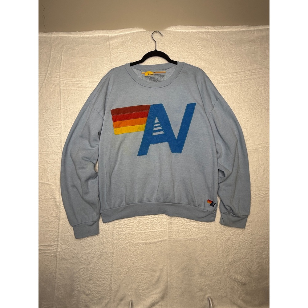 Aviator Nation Light Blue Rainbow A Logo Crewneck Sweatshirt Mens Medium